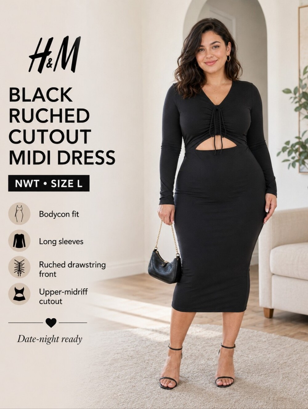 NWT H&M Black Ruched Cutout Bodycon Midi Dress   – Size L